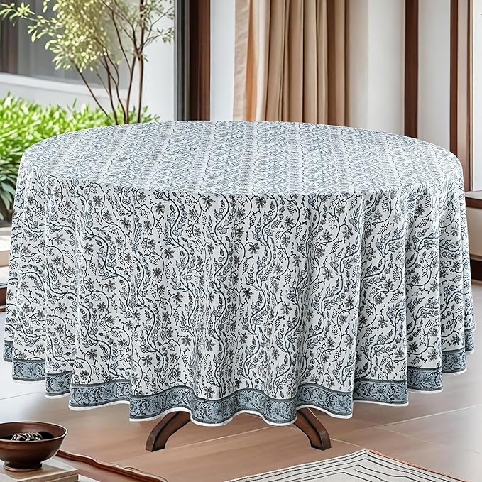 Ridhi Round Tablecloth Hand Block Print 100% Cotton Reusable Baby Blue Eyes 110 Inch Table Cover Decorative Everyday Use for Dining, Home, Party, Wedding, Farmhouse Gift for Spring, Mother's Day