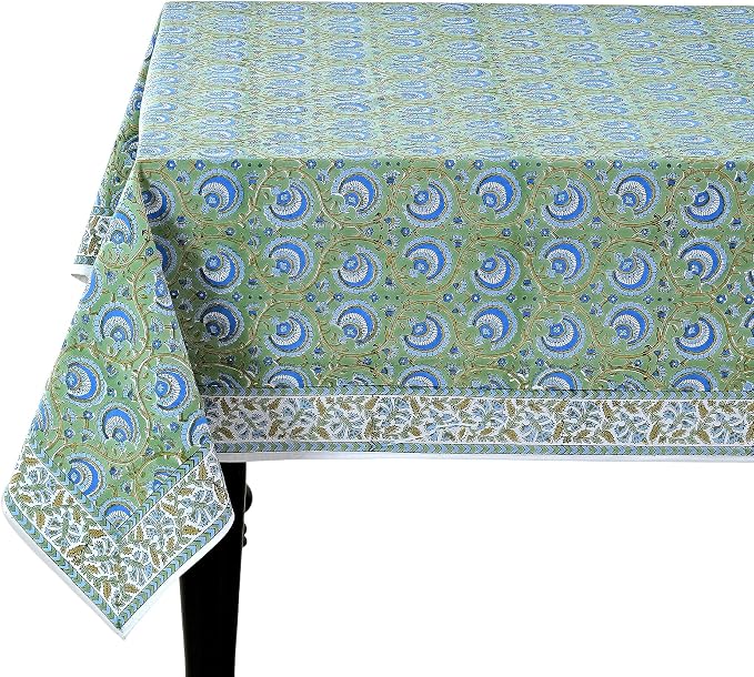 Ridhi Verdant Mist Hand Block Print Cotton Rectangle Tablecloth 120" x 60" inches Reusable Table Cover Decorative Everyday Use for Dining Room, Farmhouse, Home Gift for Spring, Mother's Day