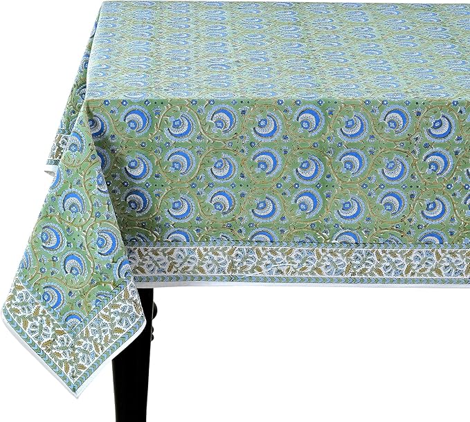 Ridhi Verdant Mist Hand Block Print Cotton Rectangle Tablecloth 108" x 70" inches Reusable Table Cover Decorative Everyday Use for Dining Room, Farmhouse, Home Gift for Spring, Mother's Day