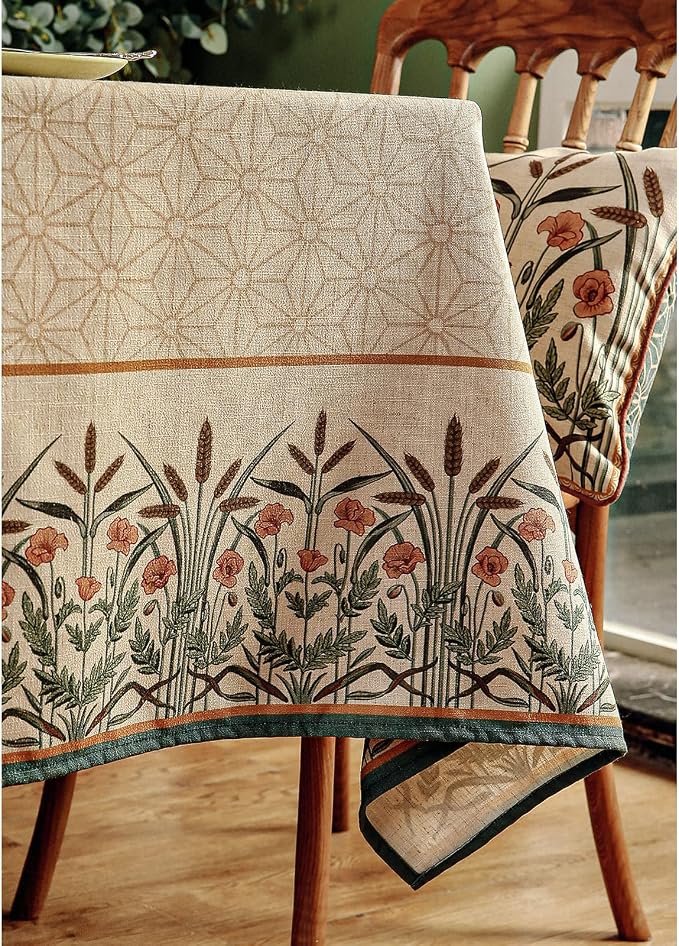 patdrea Vintage French Linen Tablecloth,Rectangular,87"x55"-Cudillero | Elegant Floral Table Cloth for Rectangle Table,Natural Beige Block Print,for Dining Room Tea Party Thanksgiving