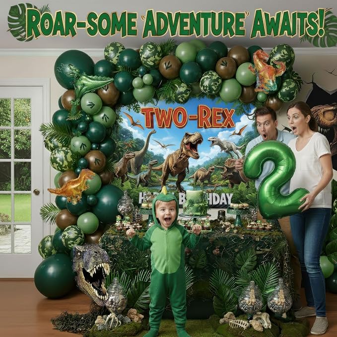 Two-Rex 2nd Birthday Party Decorations for Boys, Dinosaur Jungle Safari Theme - Hunter Green Brown Gold Balloon Arch, T-Rex Banner Backdrop & Footprint Stickers, Dino Party Supplies
