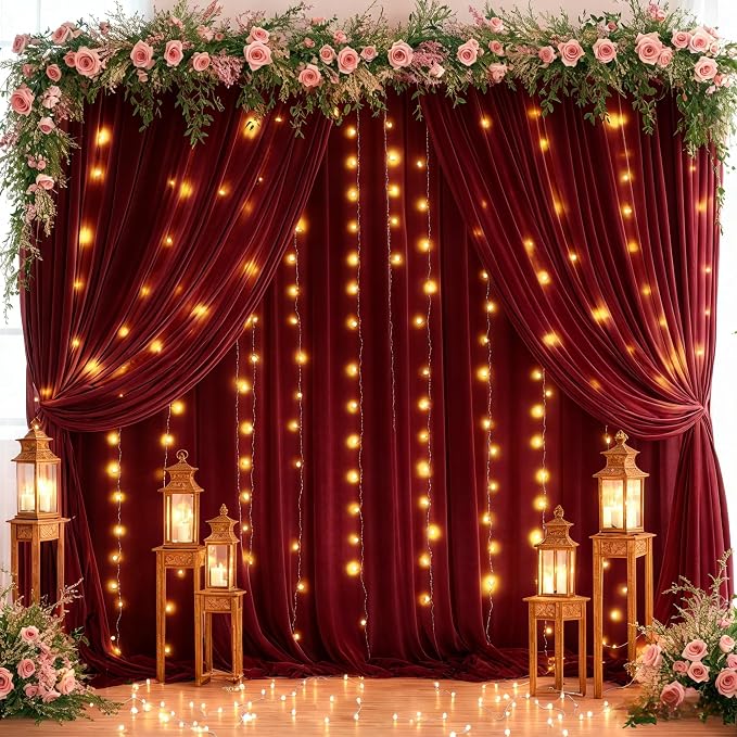 Wish Care 10ft x 10ft Burgundy Chiffon Backdrop Curtain with Lights String for Parites Wedding Wrinkle Free Curtain Photo Backdrops Drapes for Baby Shower Birthday Party Home Decorations