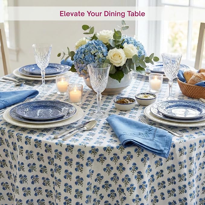 ATOSII Gulbahar Blue 100% Cotton Fall Round Tablecloth, Handblock Print Floral Table Cloth for Kitchen Dining Linen I Thanksgiving, Christmas, Weddings, Outdoors, Parties I 72" Inches Diameter