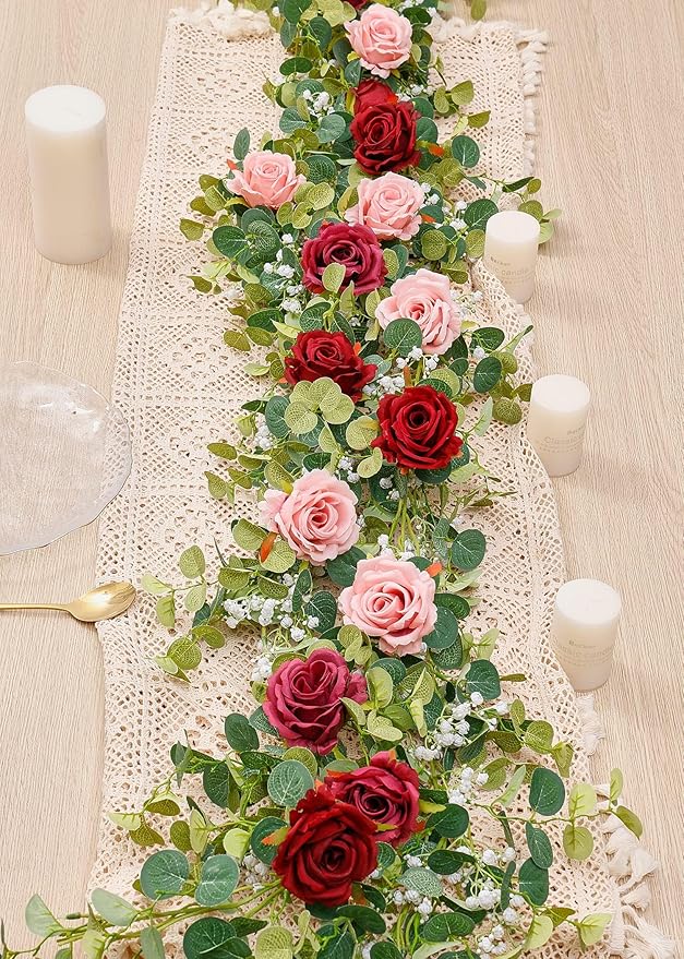 Anna's Whimsy 2PCS 5.91FT Artificial Eucalyptus Garland with Flowers, Fake Rose Gypsophila Garlands, Faux Floral Greenery Garland for Wedding Spring Home Party Table Runner Decor（Dusty Pink）