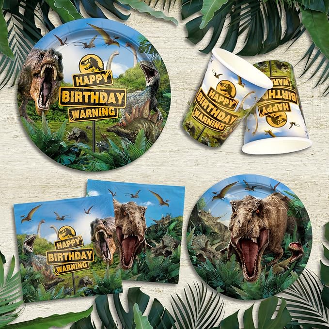 Dinosaur Birthday Party Supplies Disposable Paper Plates Napkins Cups Tablecloth and Banner for Dinosaur Party Decorations , Serve 25