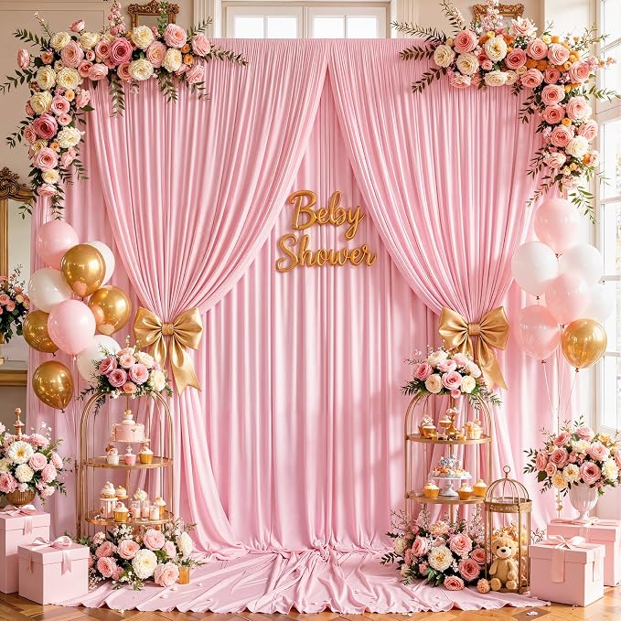 30ftx12ft Wrinkle Free Pink Backdrop Curtain, 6 Panels 12FT Long Wedding Photo Backdrop Drapes, Silky Polyester Back Drop Cloth for Birthday Photography Background Party Backdrop Draping