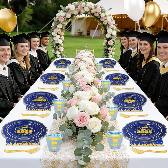 150 Pcs 2026 Graduation Plastic Plates with Disposable Silverware Serves 30 Guests, Blue Gold Graduation Disposable Plates Including 30 Dinner&Dessert Plates, Cups, Napkins, Gold Forks for Party