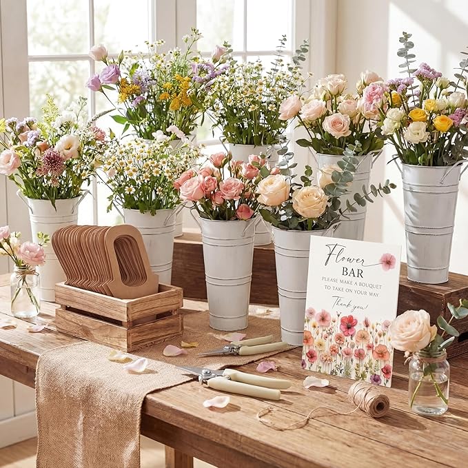 LEIFIDE Flower Bar Buckets Set Kit Bloom Bar Supplies Include Wood Sign Gift Bags Iron Bucket Garden Flower Shears for Wedding Bridal Shower Graduation Birthday Table Centerpieces(45 Pcs,White)
