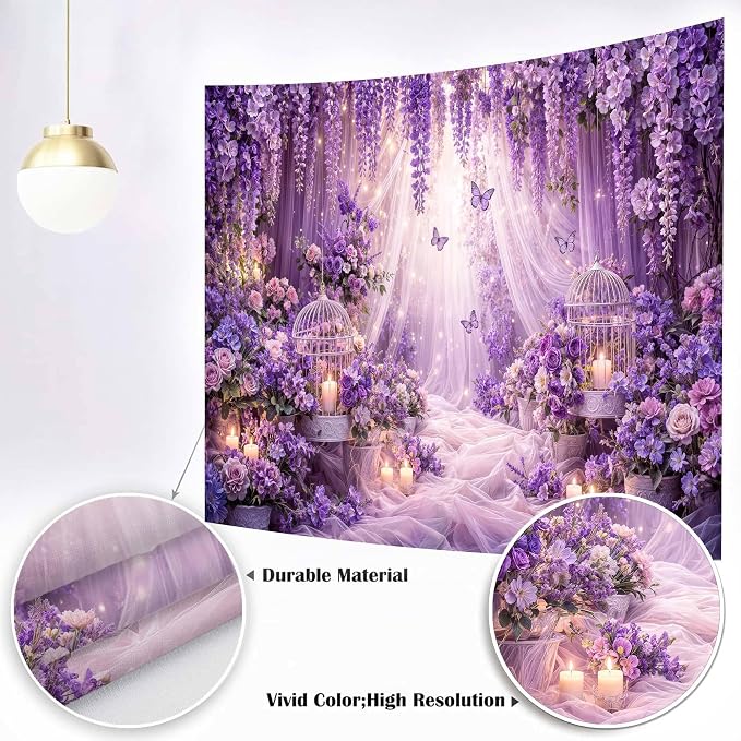 9x6ft Purple Butterfly Floral Backdrop for Photography Butterfly Flowers Girls Party Decorations Background Wedding Birthday Baby Shower Party Cake Table Decor Banner Photo Booth Props