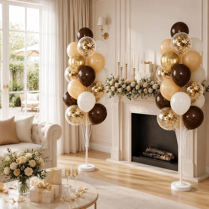 Hiins Balloon Column Kit Set of 2 With Balloons Included - with Base,Pole,Balloon Tower Backdrop Decoration for Wedding, Baby Shower,Birthday Party,Bachelorette Parties (3xCoffee Brown Gold)