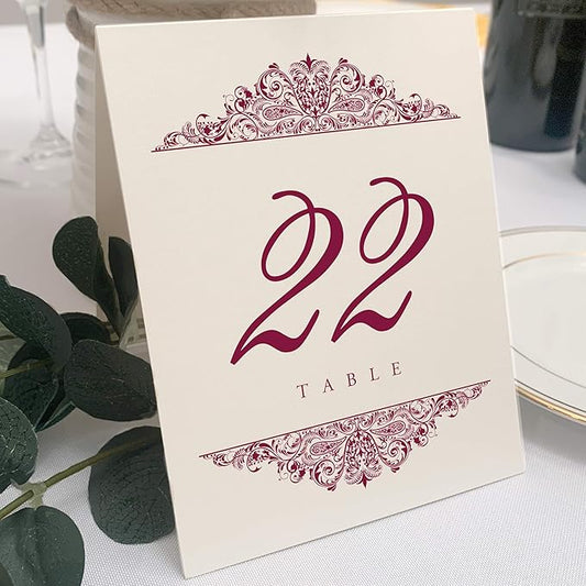 Paisley Wedding Table Numbers (Select Color/Quantity), Champagne, Burgundy, 1-25, Double Sided, Tent or Use in a Stand, Great for Parties & Restaurants - Made in the USA