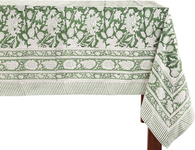 ATOSII Meraki Green 100% Cotton Fall Tablecloth, Handblock Print Rectangle Table Cover for Kitchen Dining Linen I Parties, Thanksgiving, Christmas, Wedding, Table Cloth I 72 X 108 Inches I 8 Seater