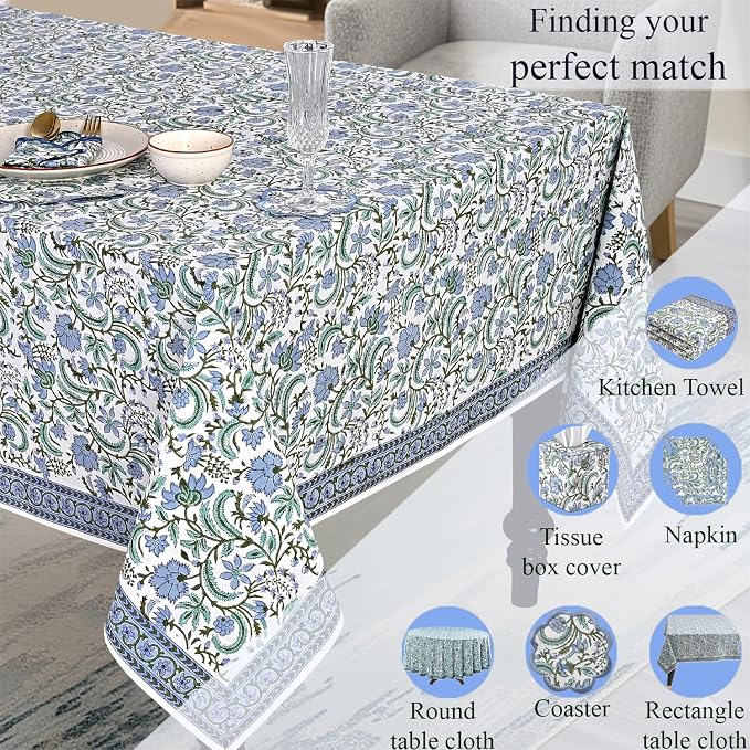 Ridhi Columbia Blue Hand Block Print Cotton Rectangle Tablecloth 140" x 72" inches Reusable Table Cover Decorative Everyday Use for Dining Room, Farmhouse, Home Gift for Spring, Mother's Day