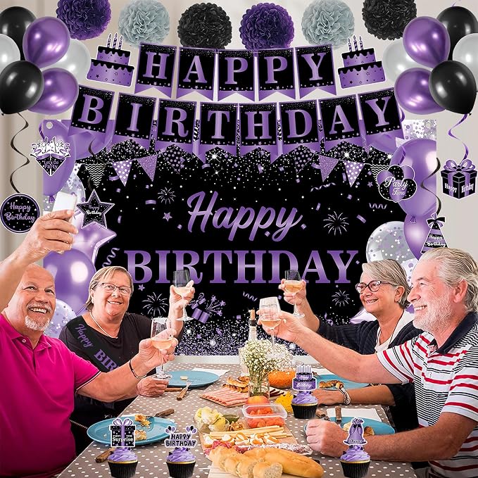 DARUNAXY Purple Birthday Party Decorations Set | Happy Birthday Banner & Sash, Balloons Pom Poms Cake Topper Hanging Swirl Decor, Birthday Gifts Party Supplies for Women Girl