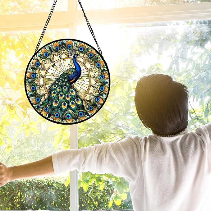 DASTOLL Stained Glass Window Hanging - Retro Peacock Decoration Suncatcher for Door Garden Home Bird Feather Sun Catchers Christmas Mother's Day Birthday Gifts for Women Men Mom Nana Friend 9.8 in