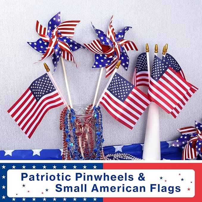 HOOSUN American Flags Patriotic Pinwheels,24 Pack 4th of July Decorations Small USA Flags On Stick With Fourth of July Pinwheels,Red White And Blue Memorial Day Decorations Patriotic Party Supplies