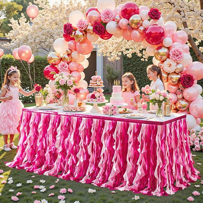 Wish Care 17ft Pink Sequin Table Skirt for Rectangle Tables Glitter Curly Willow Fuchsia Tutu Skirt Ruffle Table Cloth Desk Skirts for Princess Girls Birthday Baby Shower Party Cake Table Decorations