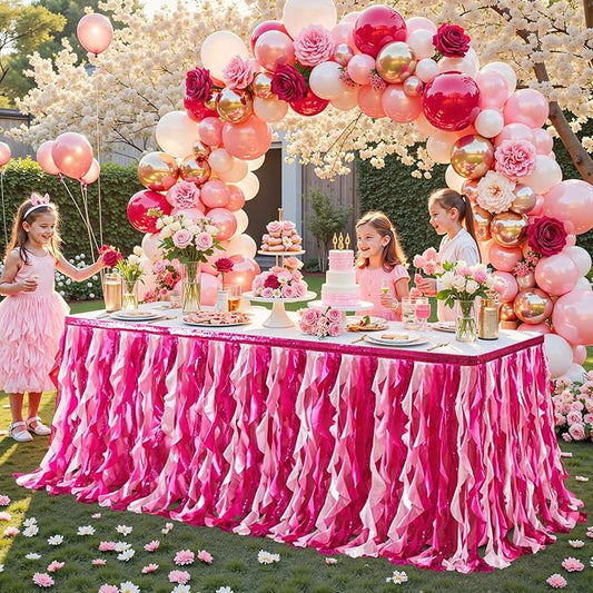 Wish Care 14ft Pink Sequin Table Skirt for Rectangle Tables Glitter Curly Willow Fuchsia Tutu Skirt Ruffle Table Cloth Desk Skirts for Princess Girls Birthday Baby Shower Party Cake Table Decorations