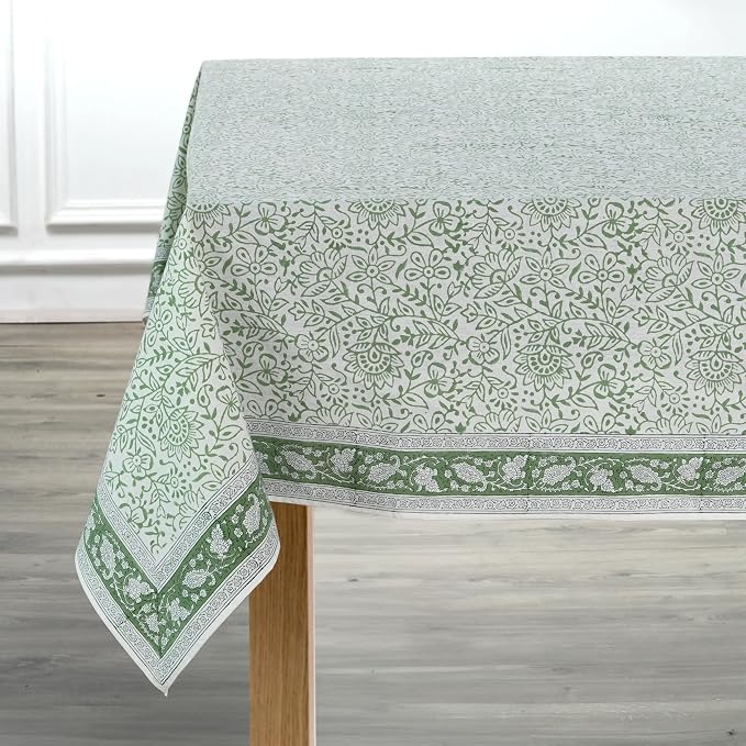 Ridhi Green Jal Hand Block Print Cotton Rectangle Tablecloth 160" x 72" inches Reusable Table Cover Decorative Everyday Use for Dining Room, Farmhouse, Home Gift for Spring, Mother's Day