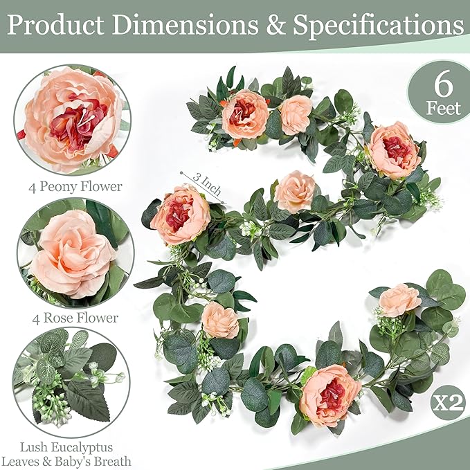 2 Pack 12Ft Artificial Eucalyptus Floral Garland with 16 Flowers Vintage Peony Rose, Pink Fake Flower Greenery Spring Garland Floral Vines for Mantle Wedding Arch Home Table Runner Backdrop Decor