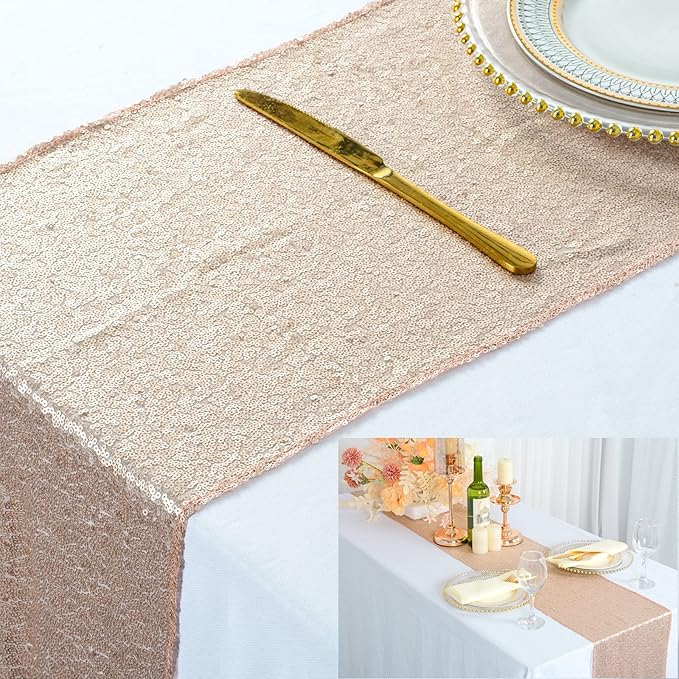 ShinyBeauty Sequin Table Runner 12" x 108" - Champagne Cloth for Party, Wedding, Outdoor, Baby Shower, Birthday Decor