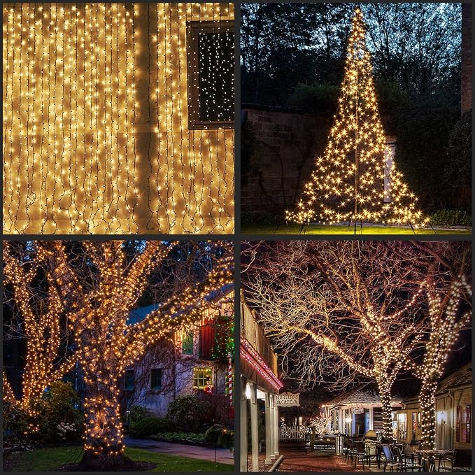 YULETIME 300 Warm White String Lights, 100 ft 8 Models Black Wire 5mm LED | Wide Angle Bulbs, Safe 29V Adapter, Multimode Lighting, Connectable, 100' Total Length, 1-Strand 300 Lights, 4" Spacing