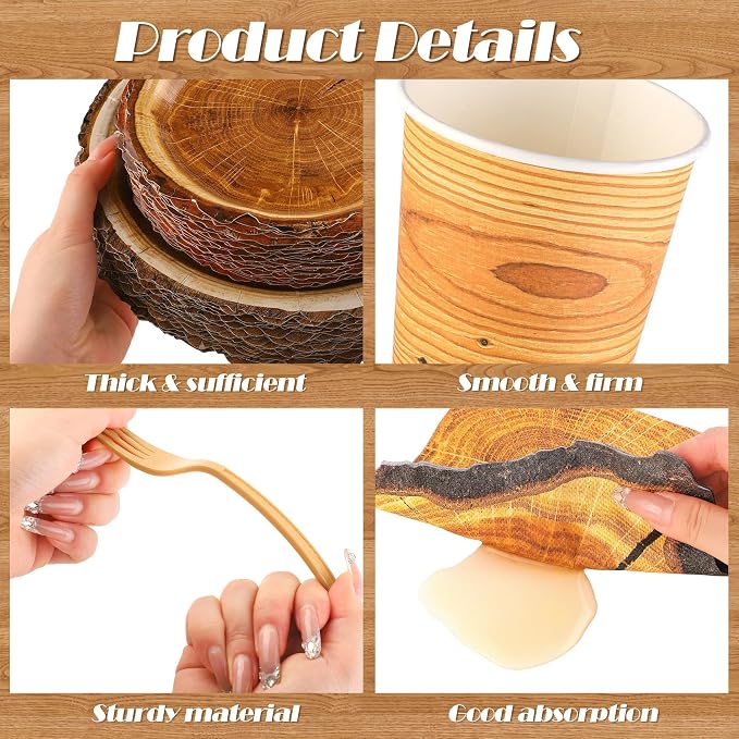 Kochorie 400 Pieces Wood Slice Disposable Tableware Sets, Rustic Wood Party Supplies with Plates Cups Napkins Cutlery Serves 50 for Birthday Hunting Forest Themed Party Decorations