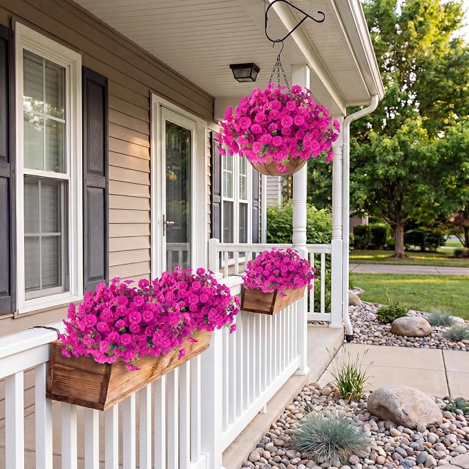 Sggvecsy Artificial Flowers for Outdoors with Baskets Hanging Plant Faux Flowers UV Resistant Fake Silk Morning Glory with Eucalyptus for Planter Porch Garden Home Spring Summer Decoration(Fuchsia)