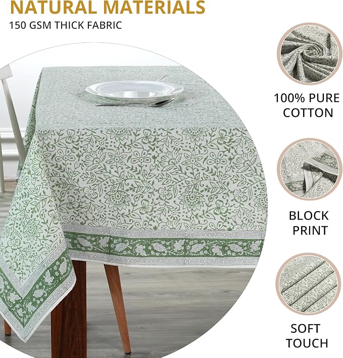 Ridhi Green Jal Hand Block Print Cotton Rectangle Tablecloth 160" x 72" inches Reusable Table Cover Decorative Everyday Use for Dining Room, Farmhouse, Home Gift for Spring, Mother's Day