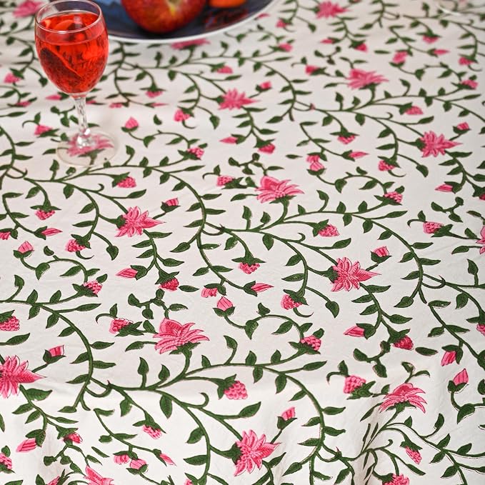 Hand Block Printed Tablecloth – Colorful Floral Print | 100% Cotton | Indian Artisan Handmade Art | Dining Room, Kitchen, Outdoor Décor, (Rosy Elegance, 6 Seater 72 Inches Round)