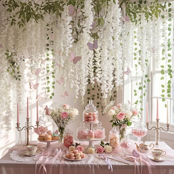 36 Pcs Fairy Party Garland Decorations Set Artificial Wisteria Hanging Flower Garland Wisteria Vines Greenery Whimsical Ceiling Decor for Classroom Wedding Party Indoor Outdoor Garden(White)