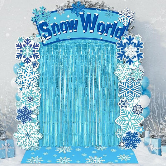 VitalCozy 7pcs Birthday Party Decorations Snowflake Tinsel Foil Fringe Curtains Porch Banners Snow Rug Backdrop for Wonderland Party Decoration Winter Supplies