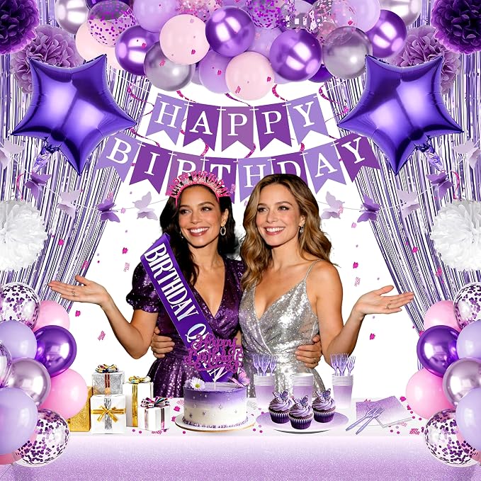 280 Pcs Purple Birthday Party Decorations for Women, Purple Pink Happy Birthday Party Decorations for Girls, 100Pcs Paper Plates, Napkins, Cups, Forks for 20 Guests Tableware Sets, Bday Sash and Crown