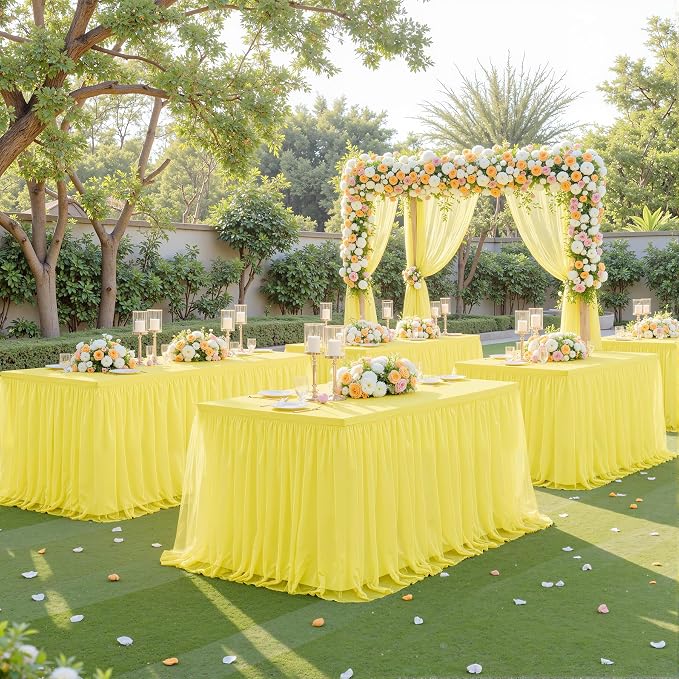 Yellow Tulle Tablecloth for 8 Foot Rectangular Tables 8ft Yellow Rectangle Table Cloth Wrinkle Free Table Cover with Tutu Skirt for Birthday Cocktail Banquet Buffet Lemon Citrus Fruit Party Decoration