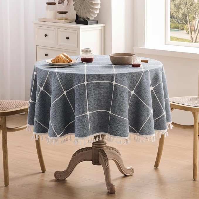 ZeeMart Boho Grid Table Cloth with Tassels (Blue Ashes, 52" Round), Heavy Weight Linen Checked Embroidered Farmhouse Tablecloth, Water Resistant Round Blue Grey Tablecloths