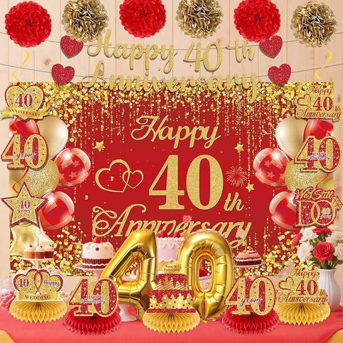 Red Gold 40th Wedding Anniversary Decorations Banner, 40th Anniversary Table Centerpieces Hanging Swirls Tissue Pompoms Foil Balloon for 40 Years Wedding Party Decoration Supplies