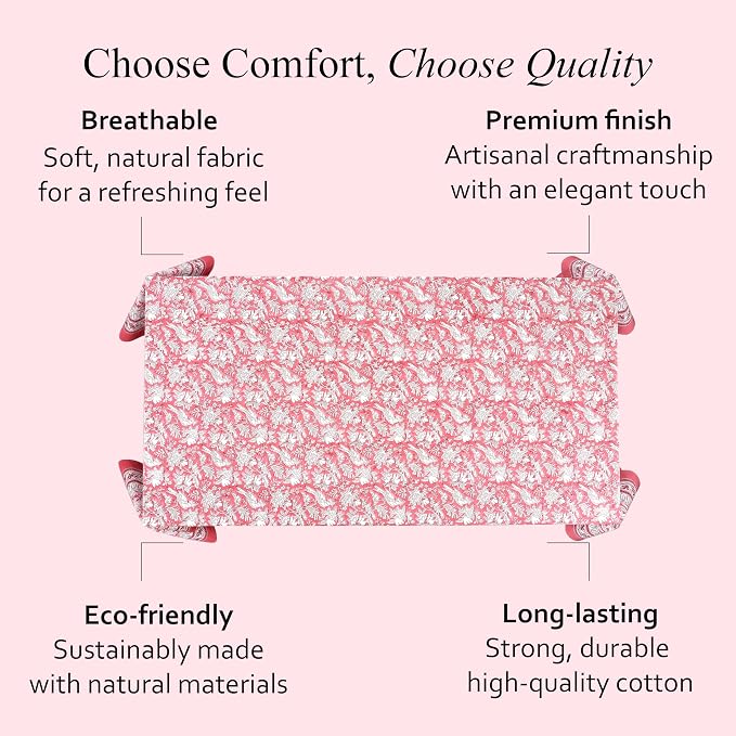 CPC Tablecloth 100% Cotton 72x140 Inch Indian Block Print Rectangle Table Cover, Red Table Cloth for Weddings, Spring/Summer, Barbeque - Pink Coral