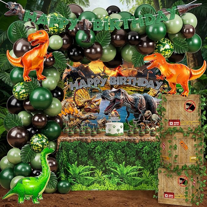 THAWAY Dinosaur Birthday Decorations for Boys - 119 Pcs Dino Party Supplies Kit with Backdrop, Tablecloth, Balloon Arch, and Boxes - Prehistoric Theme Party Decorations for Birthday