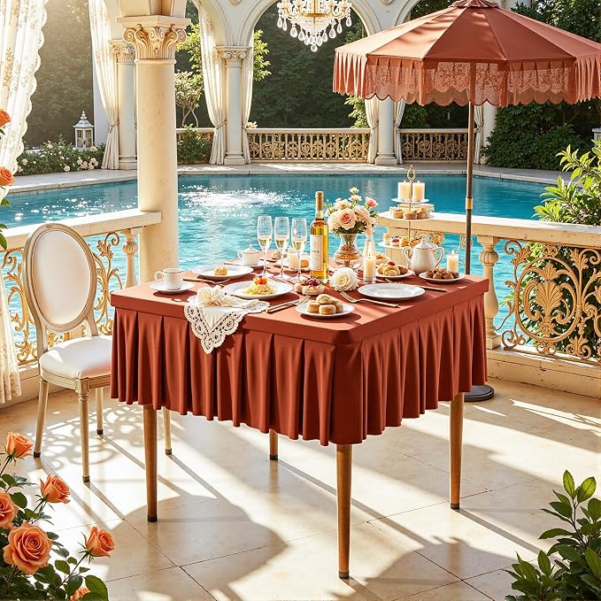 Wish Care 2 Pack Rust Spandex Tablecloths for 34x34 Inch Square Tables, Stretch Fitted Table Clothes with Pleated Ruffle Skirt for 34” Table, Wrinkle Free and Elastic, for Party Kitchen Home Dining