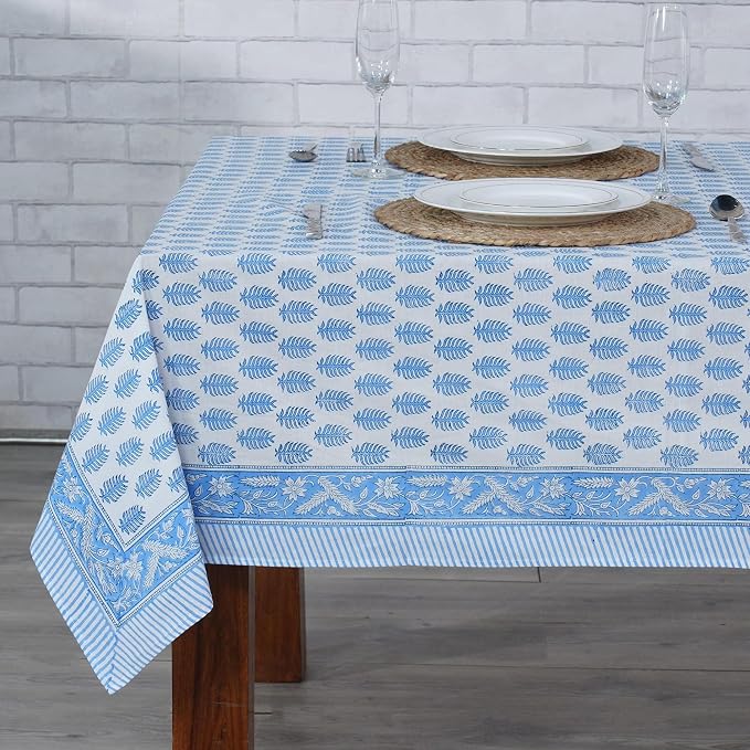 Ridhi Cerulean Blue Hand Block Print Cotton Rectangle Tablecloth 118" x 70" inches Reusable Table Cover Decorative Everyday Use for Dining Room, Farmhouse, Home Gift for Spring, Mother's Day