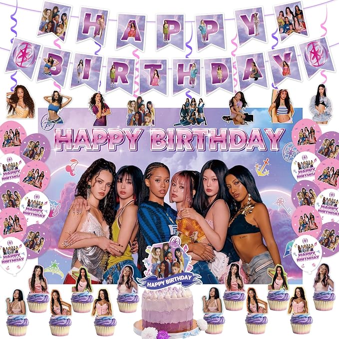 Birthday Party Decorations, Purple Pink Party Supplies Set with Happy Birthday Banner, Backdrop, Balloons, Hanging Swirls Cake Toppers and Cupcake Toppers for Fans Birthday Party