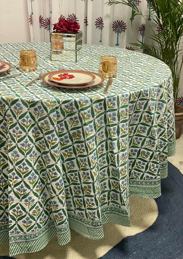 Ridhi Round Tablecloth Hand Block Print 100% Cotton Reusable Sea Green 110 Inch Table Cover Decorative Everyday Use for Dining, Home, Party, Wedding, Farmhouse, Party Gift for Spring, Mother's Day