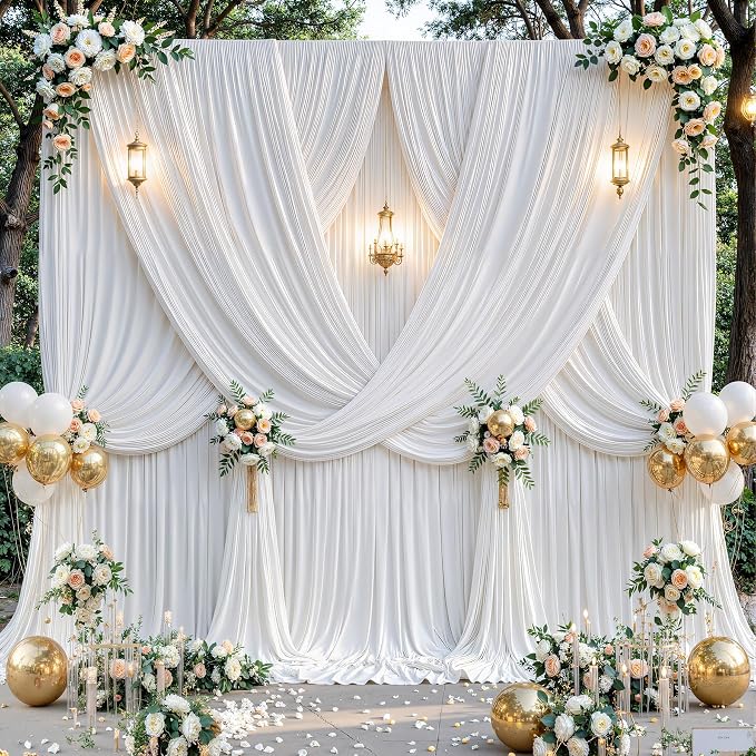 10ftx12ft Wrinkle Free White Backdrop Curtain, 2 Panels 12FT Long Wedding Photo Backdrop Drapes, Silky Polyester Back Drop Cloth for Birthday Photography Background Party Backdrop Draping