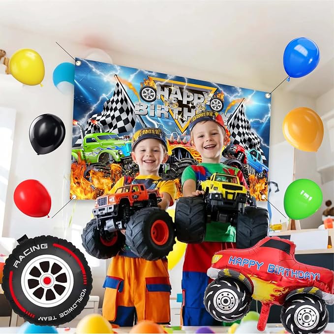 Monster Truck Birthday Decorations for Boys, Extreme Off-Road Racing Party Supplies Include "Happy Birthday" Backdrop, Balloon Arch Garland, Tablecloth, Cake Toppers, Truck and Tire Foil Balloons