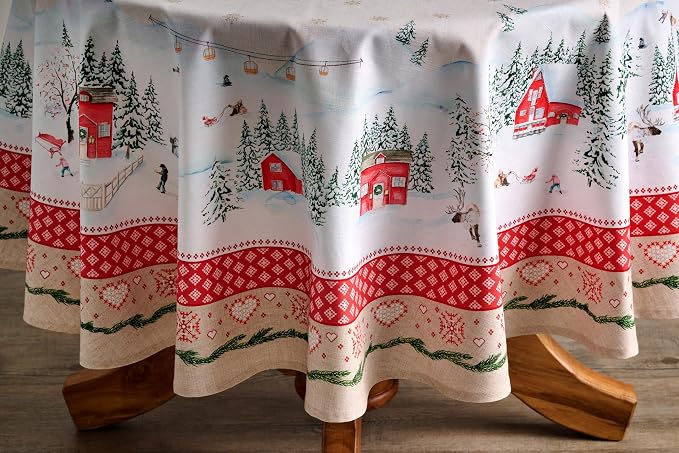 Maison d' Hermine Table Cloth Round Table 100% Cotton 69 Inches Fall Tablecloth Reusable Everyday Use for Thanksgiving Christmas Decorations Dining Farmhouse Party (Rural Christmas)