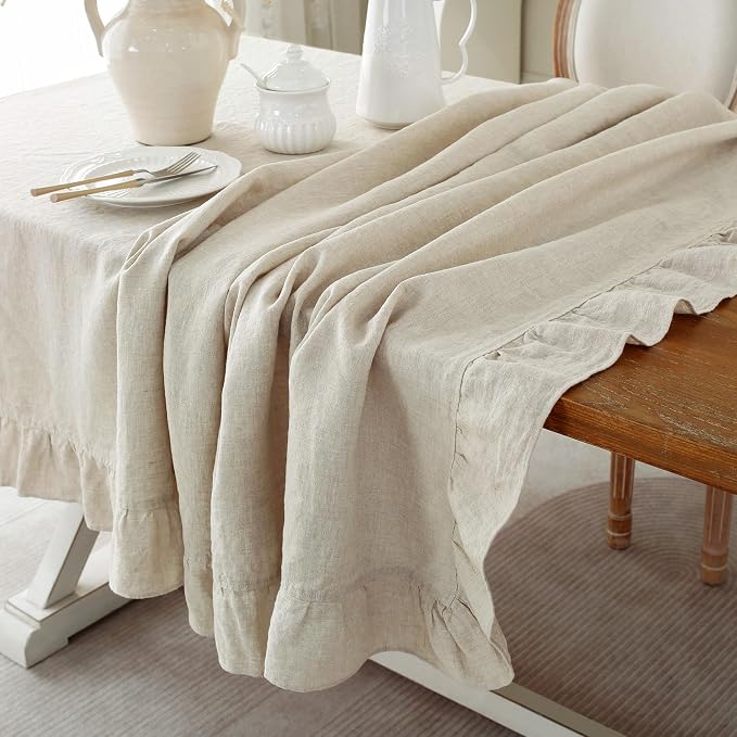 Linen World Ruffle Linen Tablecloth,100% French Linen Natural Tablecloth 108" x 60" Inch,Washable Rectangular Tablecloth for Dining,Outdoor,Weddings and Restaurants,Decorative Thanksgiving Christmas
