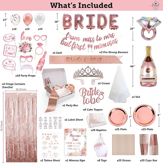 Bachelorette Party Decorations Kit, Rose Gold Bridal Shower, Bride Balloons, Banner, Sash, Tiara & Veil, Fringe Curtain, Mimosa Bar, Plates Cups Napkins for 25 Guests