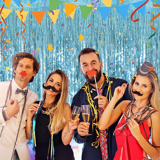 JOYIT 2 Pack Light Blue Tinsel Backdrop - 3.28 ft x 6.56 ft Fringe Backdrop, Glitter Foil Fringe Curtains for Party Decorations, Birthday, Bachelorette, Graduation, Wedding (Light Blue, 2 Pack)