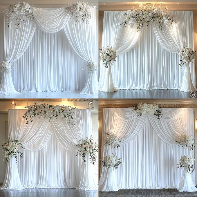 50FTx12FT White Wrinkle-Free Wedding Backdrop Curtain -Silky Washable White Polyester Drapes for Baby Showers, Birthday Parties, Photography, and Wedding Receptions-10 Panels 5FTx12FT