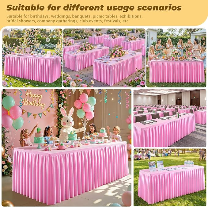 Pink Polyester Table Cloths for Rectangle 6 Foot Tables, 2 Pack Wrinkle Free Tablecloths Stretchy Banquet Ruffle Fitted Table Cover Desk Skirt for Parties Wedding Birthday Baby Shower